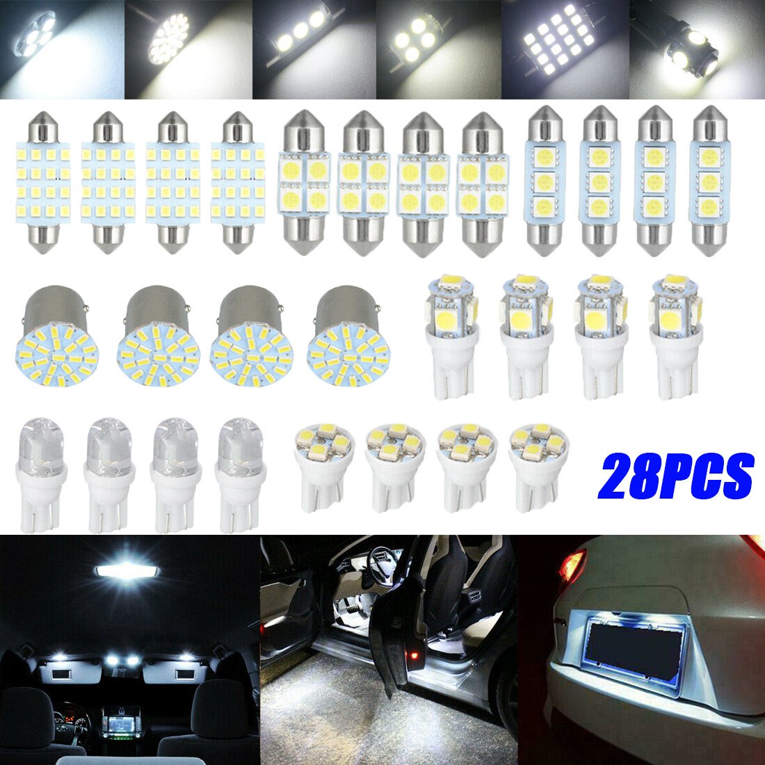 28Pcs White Car Interior LED Light Accessories For Dome Map License Plate Bulbs
