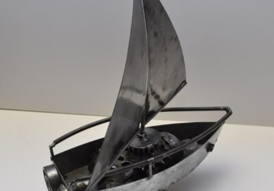Rare Metal Boat Yacht Sculpture Folk Art Handmade Scrap Car Parts Real Steel