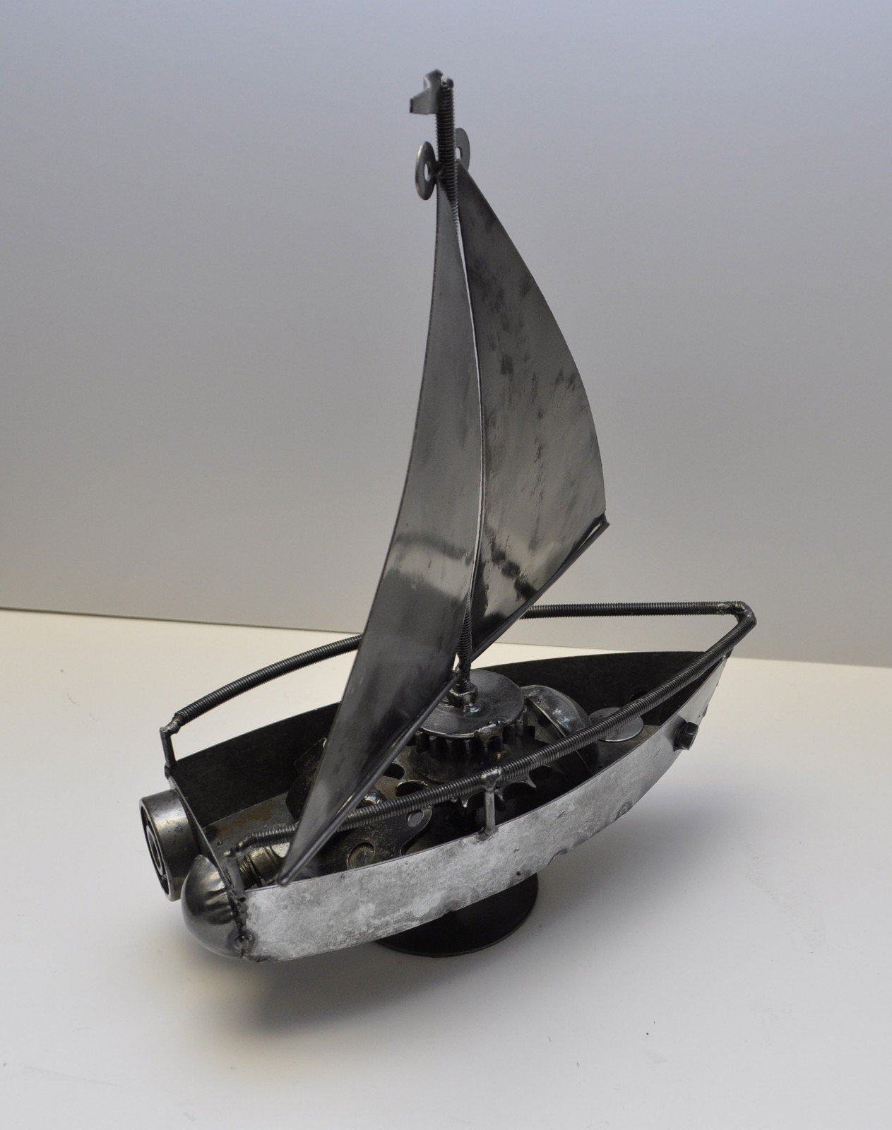 Rare Metal Boat Yacht Sculpture Folk Art Handmade Scrap Car Parts Real Steel