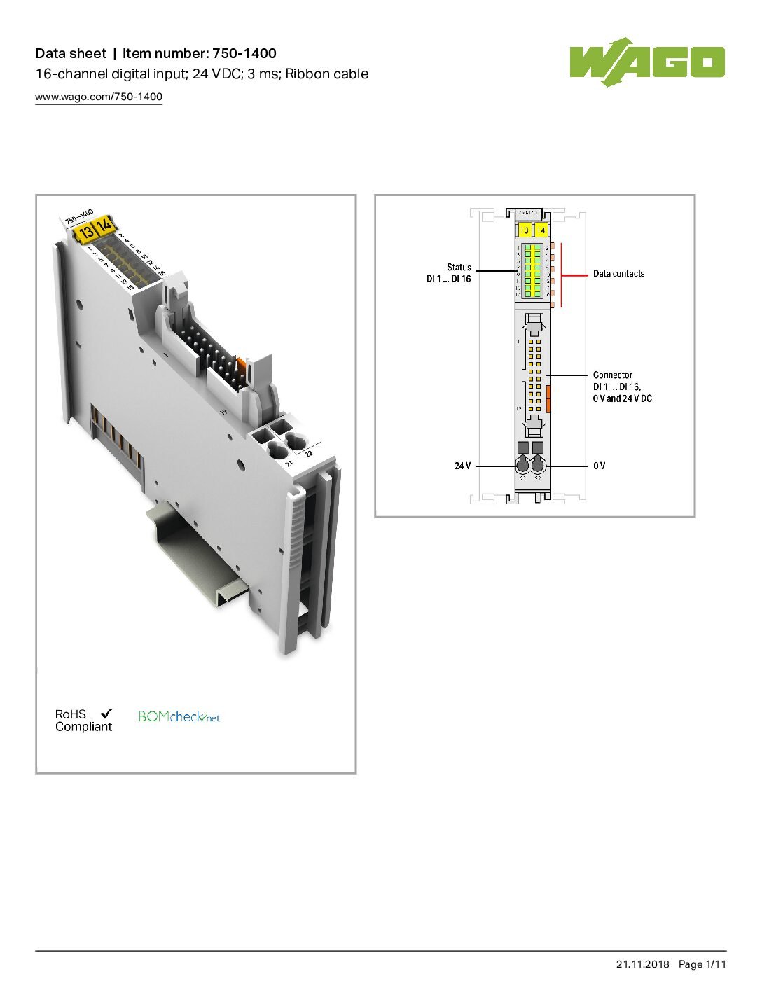 750-1400 | 16-channel digital input, 24 VDC, 3 ms, Ribbon cable