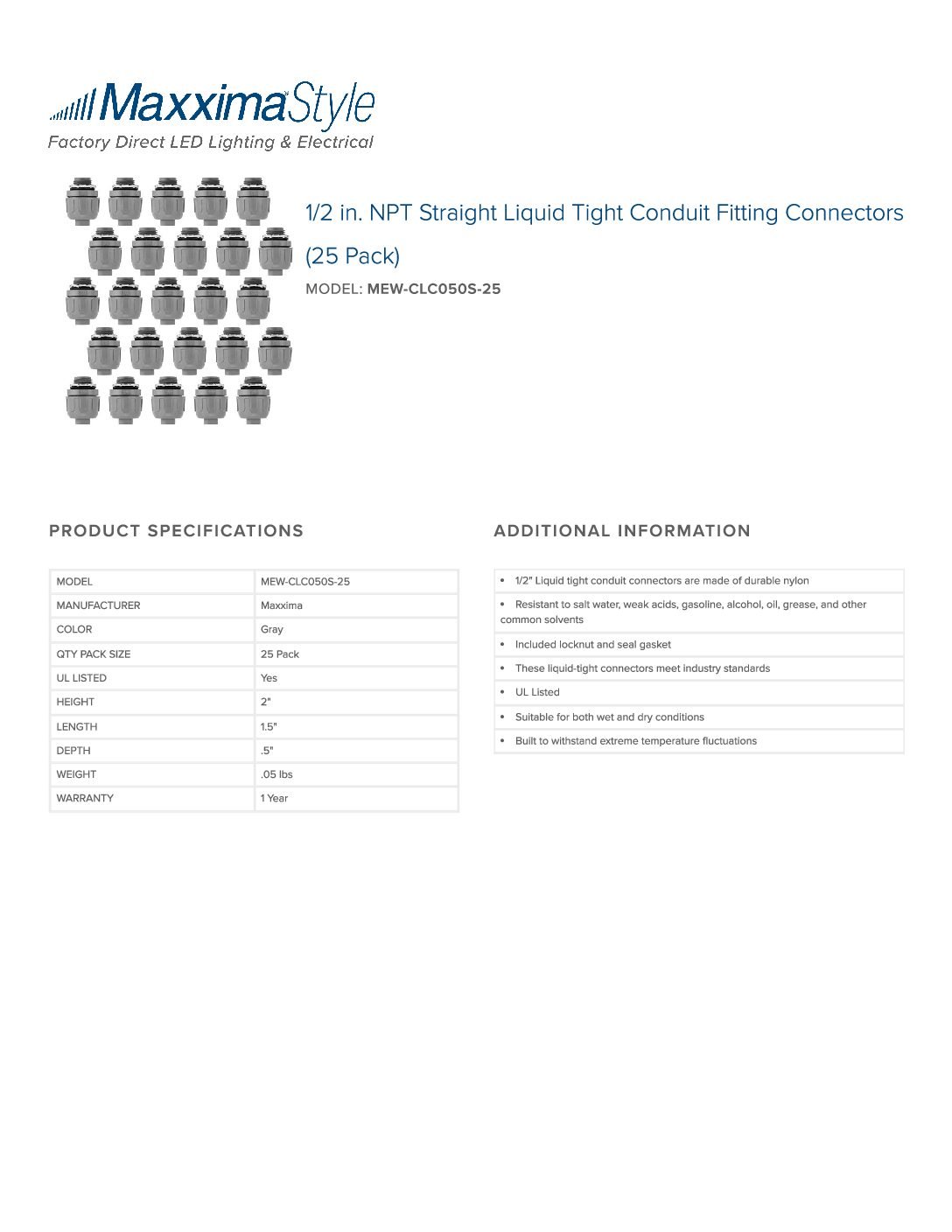 1/2 in. NPT Straight Liquid Tight Conduit Fitting Connectors (25 Pack)